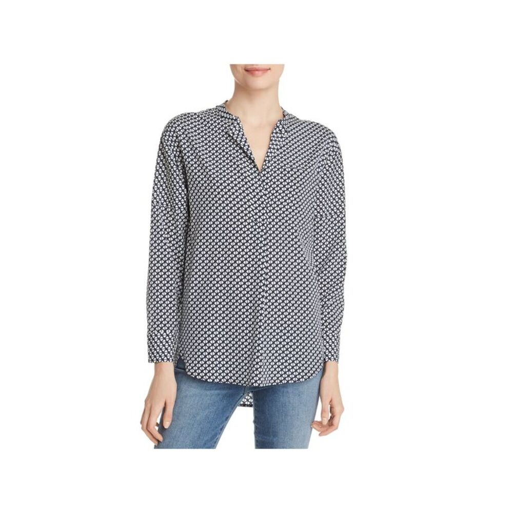 RELATIVE Womens Navy Silk Lightweight Curved Hem Split Button Up Top S